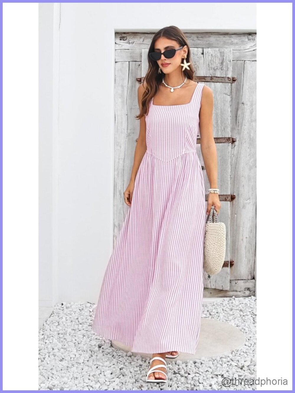 Women's Striped Maxi Dress Square Neck A-Line Summer Sundress - Picture 6 of 6